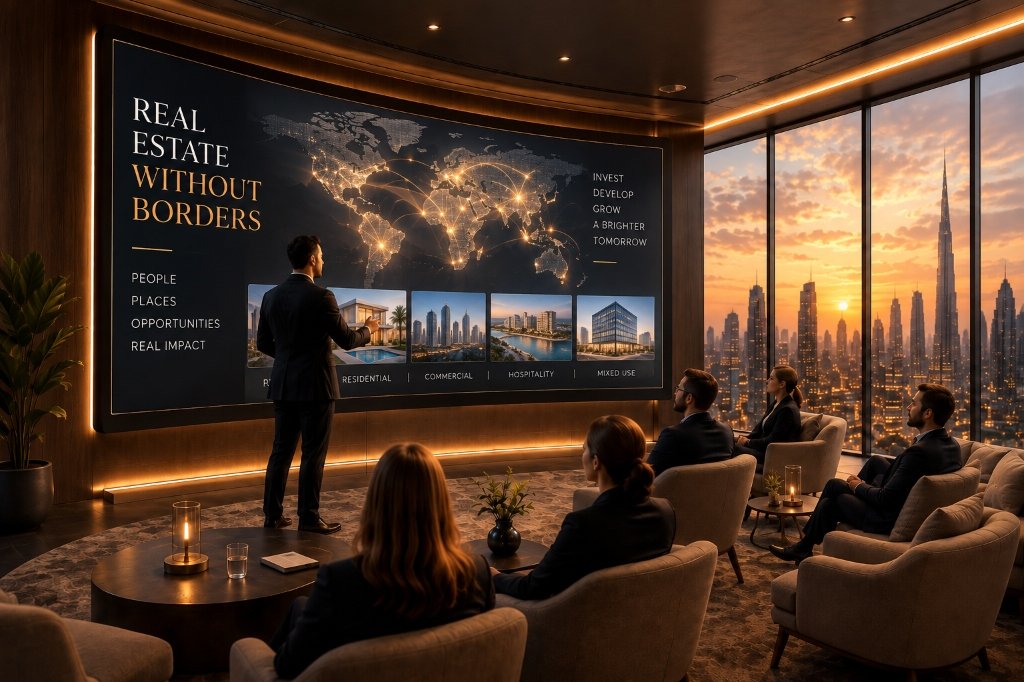 Executive presentation in luxury boardroom with global network display